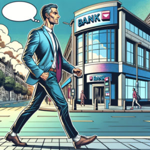 Muž v obleku kráčí po ulici a za ním v pozadí je banka. Ilustrovaný obrázek.