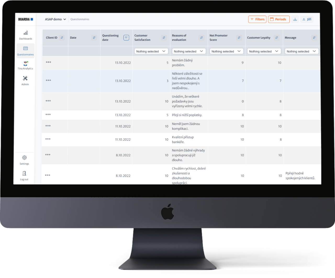 Questionnaire list in Boardia &ndash; sorting and response analysis